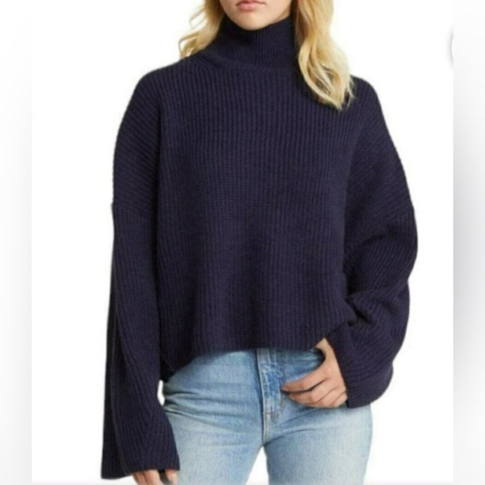 Topshop Sweater Mockneck Navy Blue Womens Size 8-10 Medium - Picture 2 of 11